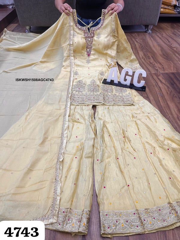 Embroidered Tissue Silk Kurti With Sharara And Chiffon Dupatta-ISKWSH1508AGC4743