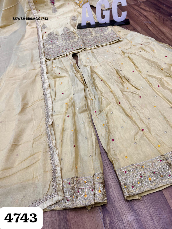 Embroidered Tissue Silk Kurti With Sharara And Chiffon Dupatta-ISKWSH1508AGC4743
