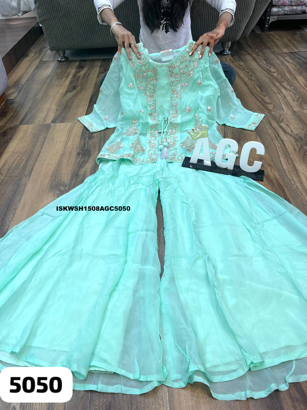 Embroidered Chinon Silk Crop Top With Sharara And Organza Jacket-ISKWSH1508AGC5050
