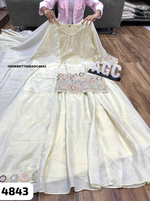 Embroidered Tissue Silk Kurti With Skirt And Dupatta-ISKWSKT1908AGC4843