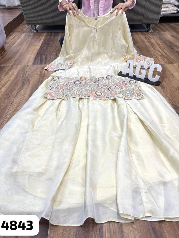 Embroidered Tissue Silk Kurti With Skirt And Dupatta-ISKWSKT1908AGC4843