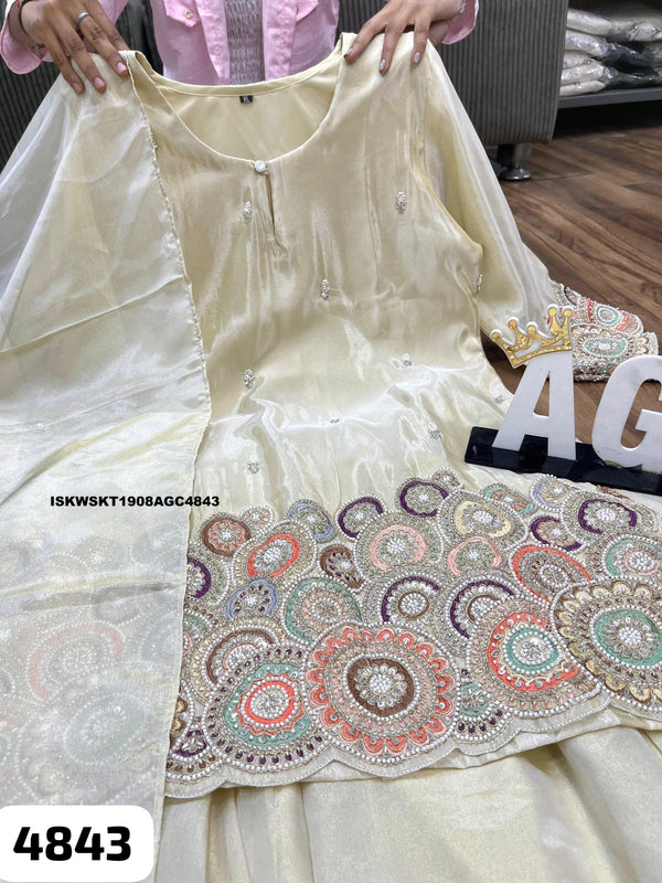 Embroidered Tissue Silk Kurti With Skirt And Dupatta-ISKWSKT1908AGC4843