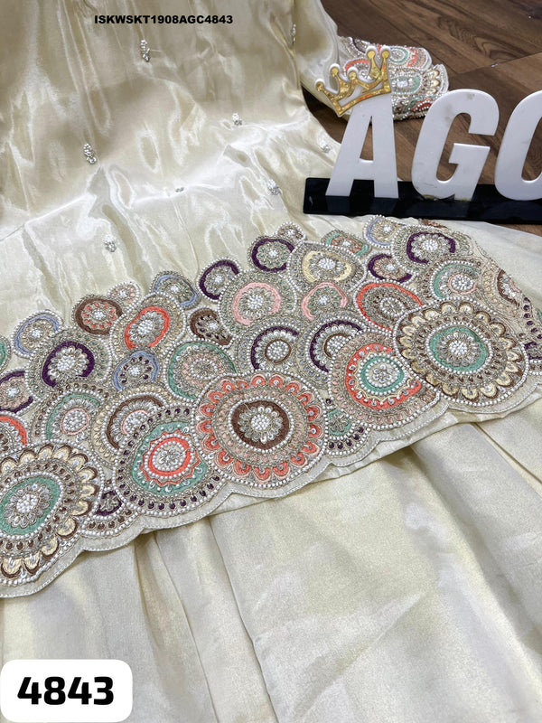 Embroidered Tissue Silk Kurti With Skirt And Dupatta-ISKWSKT1908AGC4843