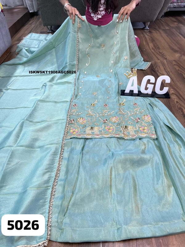 Embroidered Tissue Silk Kurti With Skirt And Dupatta-ISKWSKT1908AGC5026