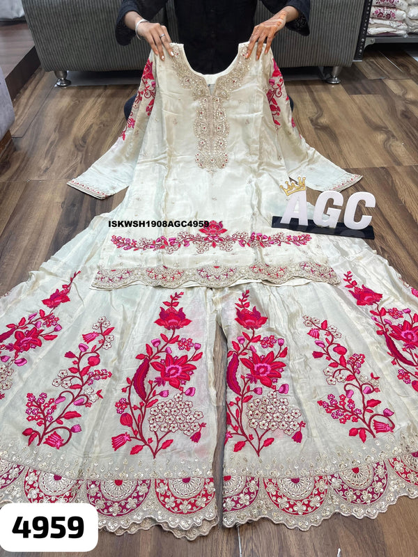 Embroidered Tissue Silk Kurti With Sharara And Dupatta-ISKWSH1908AGC4959