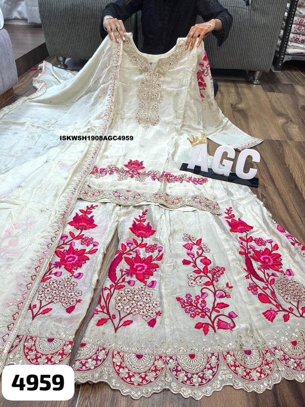 Embroidered Tissue Silk Kurti With Sharara And Dupatta-ISKWSH1908AGC4959