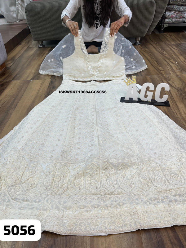 Georgette Chikankari Crop Top Attached With Net Cowl And Chikankari Skirt-ISKWSKT1908AGC5056