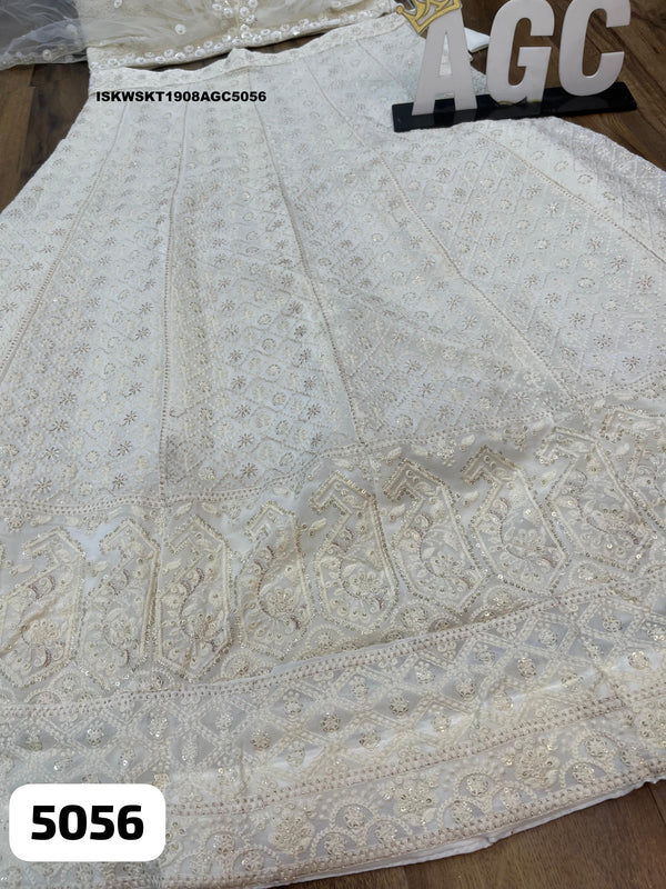 Georgette Chikankari Crop Top Attached With Net Cowl And Chikankari Skirt-ISKWSKT1908AGC5056
