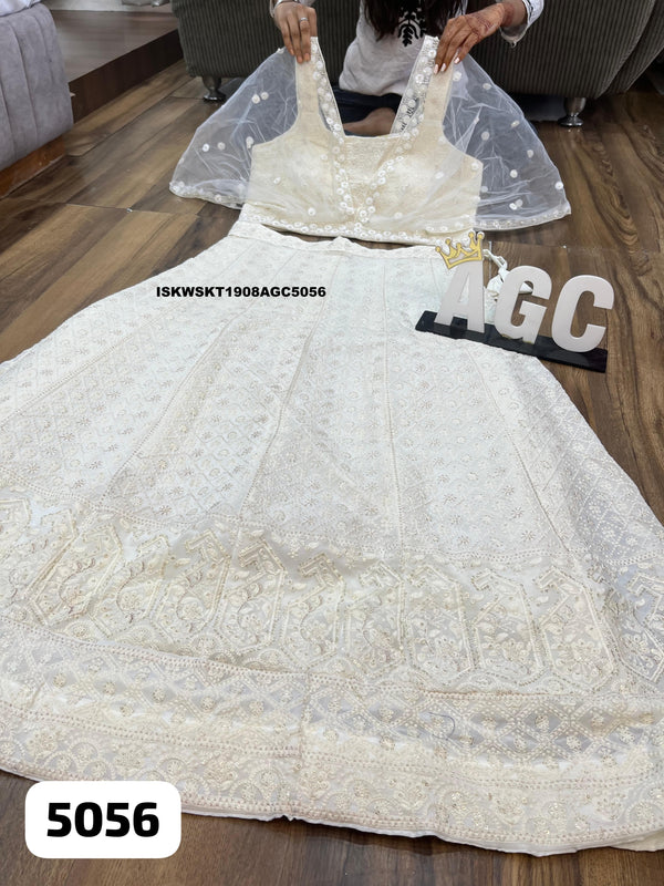 Georgette Chikankari Crop Top Attached With Net Cowl And Chikankari Skirt-ISKWSKT1908AGC5056