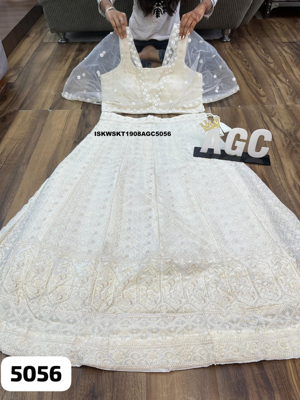 Georgette Chikankari Crop Top Attached With Net Cowl And Chikankari Skirt-ISKWSKT1908AGC5056