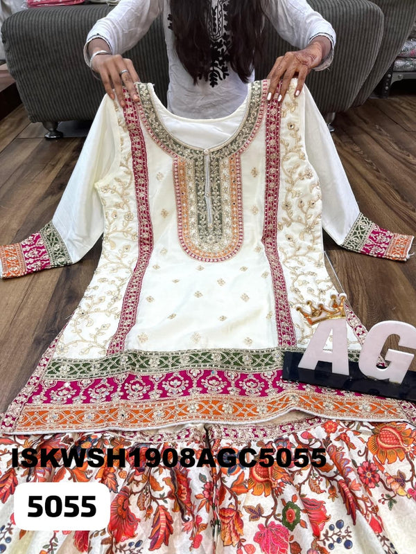 Embroidered Chinon Silk Kurti With Printed Sharara And Dupatta-ISKWSH1908AGC5055