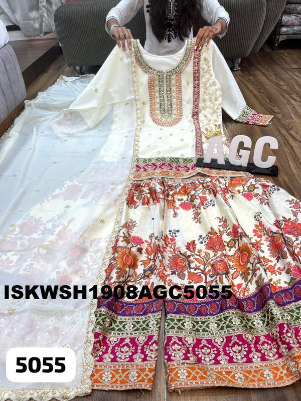 Embroidered Chinon Silk Kurti With Printed Sharara And Dupatta-ISKWSH1908AGC5055