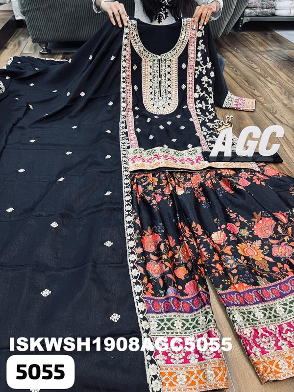 Embroidered Chinon Silk Kurti With Printed Sharara And Dupatta-ISKWSH1908AGC5055