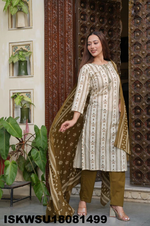 Printed Cotton Kurti With Pant And Dupatta-ISKWSU18081499