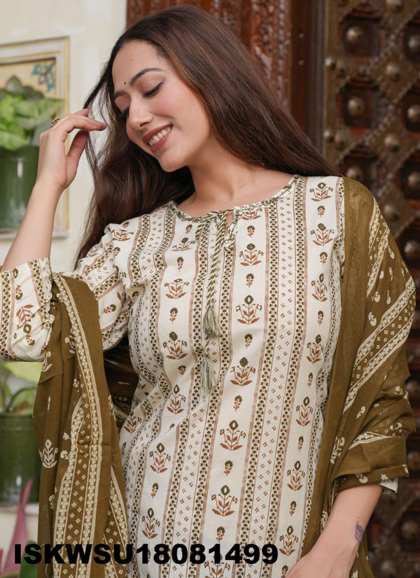 Printed Cotton Kurti With Pant And Dupatta-ISKWSU18081499