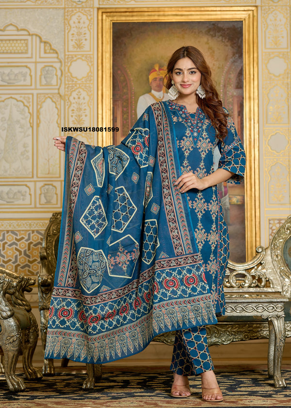 Printed Cotton Kurti With Pant And Dupatta-ISKWSU18081599
