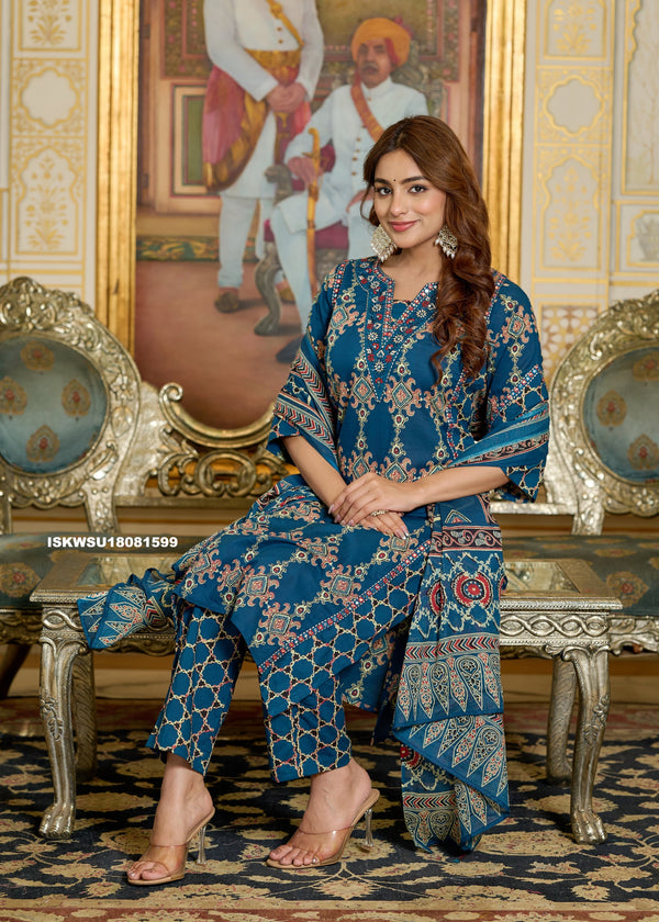 Printed Cotton Kurti With Pant And Dupatta-ISKWSU18081599