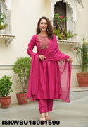 Embroidered Cotton Flared Kurti With Pant And Dyed Dupatta-ISKWSU18081690