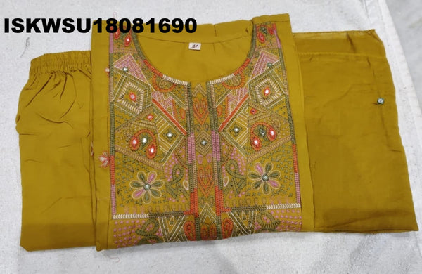 Embroidered Cotton Flared Kurti With Pant And Dyed Dupatta-ISKWSU18081690