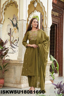 Embroidered Cotton Flared Kurti With Pant And Dyed Dupatta-ISKWSU18081690