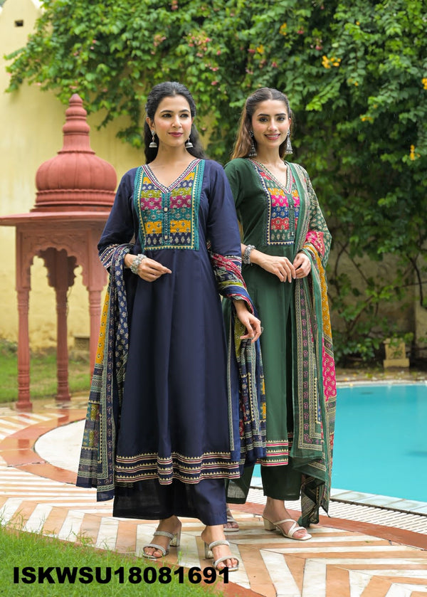 Sequined Cotton Anarkali Kurti With Pant And Printed Dupatta-ISKWSU18081691