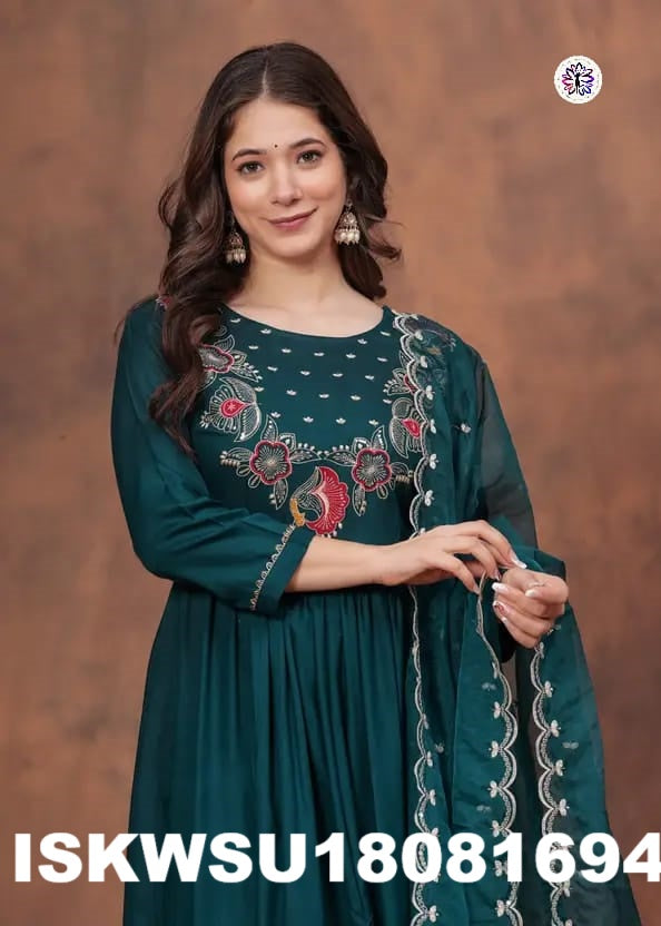 Embroidered Silk Anarkali Kurti With Rayon Pant And Organza Dupatta-ISKWSU18081694