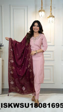 Embroidered Chanderi Kurti With Pant And Jacquard Dupatta-ISKWSU18081695