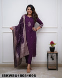 Embroidered Chanderi Kurti With Pant And Jacquard Dupatta-ISKWSU18081696