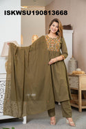 Embroidered Cotton Kurti With Pant And Dupatta-ISKWSU190813670