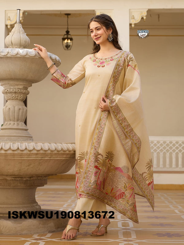 Printed Chanderi Silk Kurti With Pant And Dupatta-ISKWSU190813672
