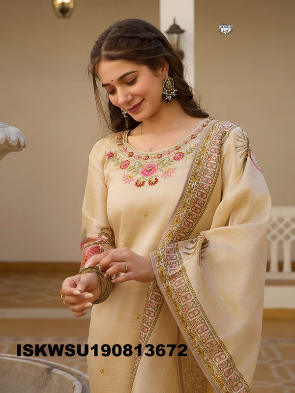 Printed Chanderi Silk Kurti With Pant And Dupatta-ISKWSU190813672