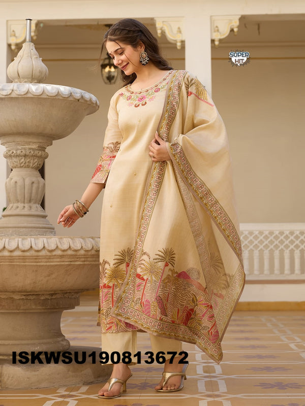 Printed Chanderi Silk Kurti With Pant And Dupatta-ISKWSU190813672