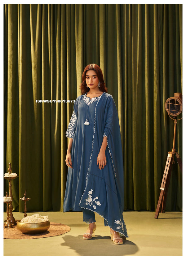 Embroidered Malmal Chanderi Kurti With Pant And Dupatta-ISKWSU190813673