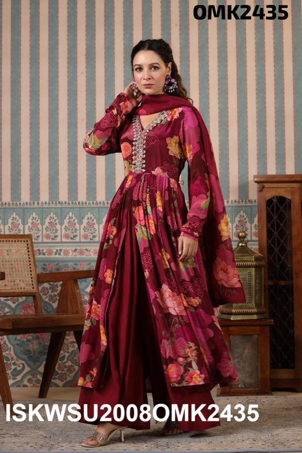 Digital Floral Printed Crepe Front Slit Anarkali Kurti With Palazzo And Dupatta-ISKWSU2008OMK2435