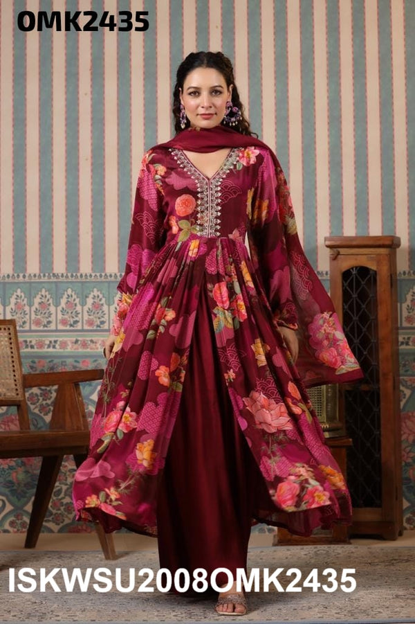 Digital Floral Printed Crepe Front Slit Anarkali Kurti With Palazzo And Dupatta-ISKWSU2008OMK2435