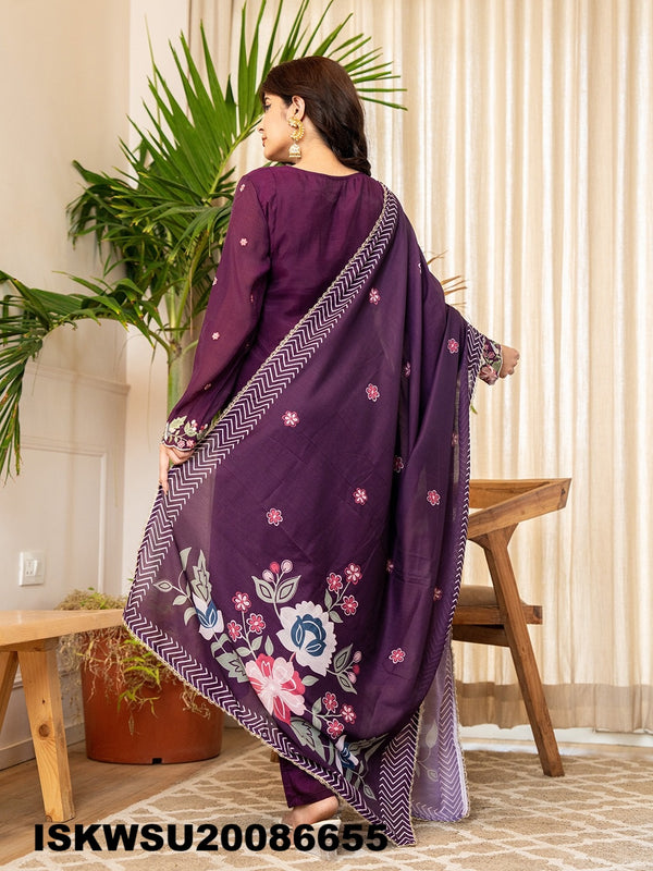 Embroidered Chanderi Silk Kurti With Pant And Printed Dupatta-ISKWSU20086655