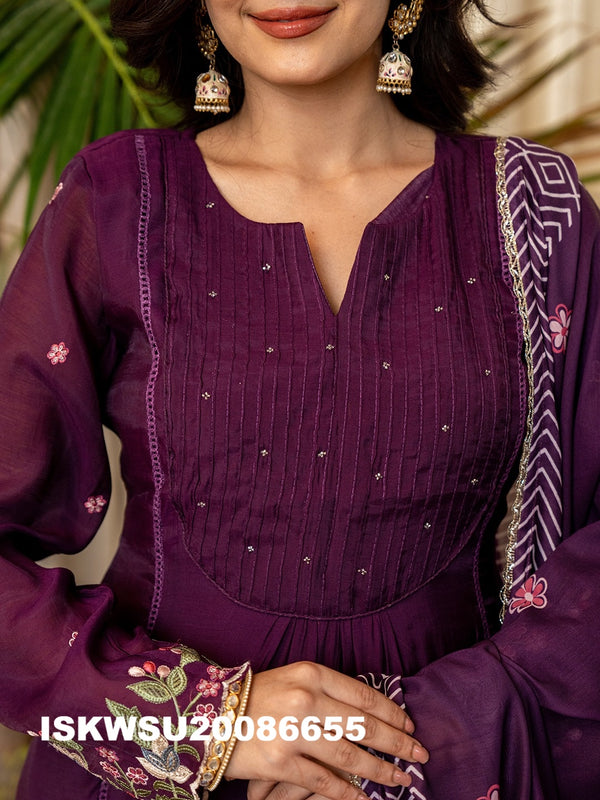 Embroidered Chanderi Silk Kurti With Pant And Printed Dupatta-ISKWSU20086655