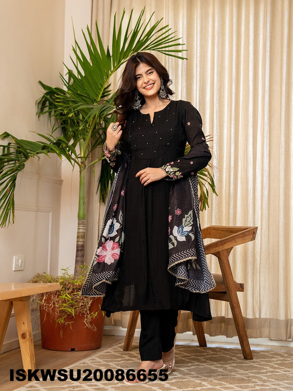Embroidered Chanderi Silk Kurti With Pant And Printed Dupatta-ISKWSU20086655