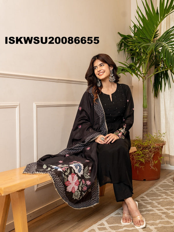Embroidered Chanderi Silk Kurti With Pant And Printed Dupatta-ISKWSU20086655