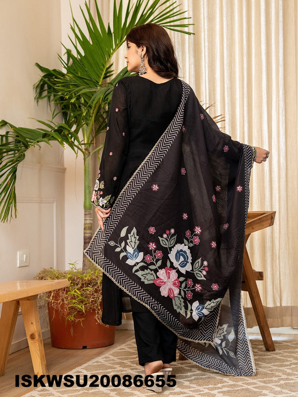 Embroidered Chanderi Silk Kurti With Pant And Printed Dupatta-ISKWSU20086655