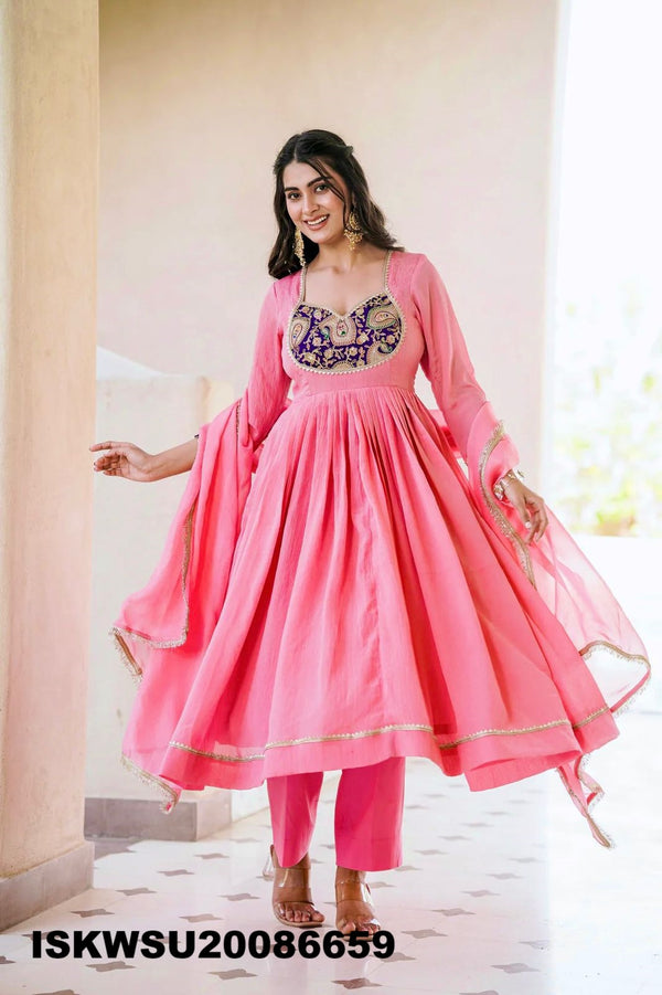 Embroidered Crush Silk Anarkali Kurti With Pant And Dupatta-ISKWSU20086659