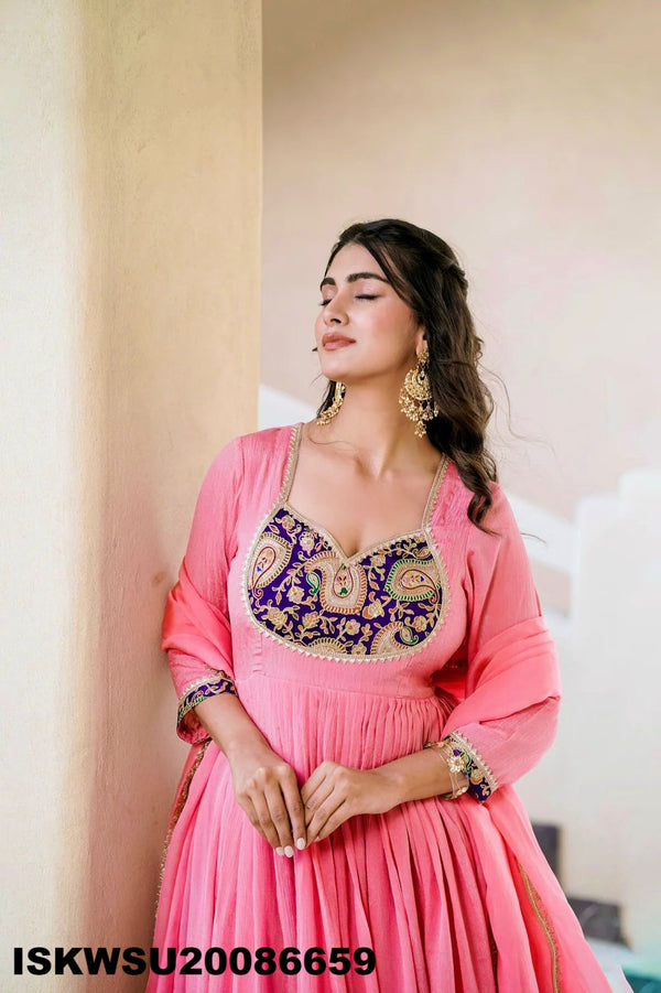Embroidered Crush Silk Anarkali Kurti With Pant And Dupatta-ISKWSU20086659
