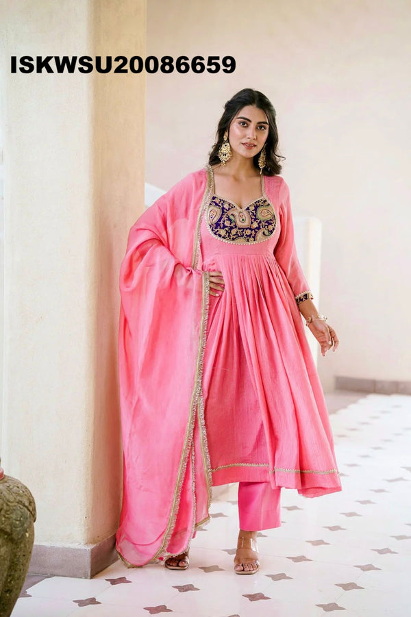 Embroidered Crush Silk Anarkali Kurti With Pant And Dupatta-ISKWSU20086659
