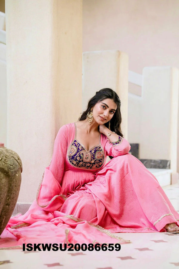 Embroidered Crush Silk Anarkali Kurti With Pant And Dupatta-ISKWSU20086659