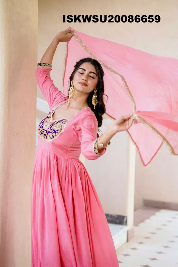 Embroidered Crush Silk Anarkali Kurti With Pant And Dupatta-ISKWSU20086659