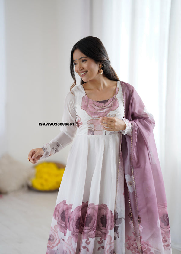 Floral Printed Organza Anarkali Kurti With Pant And Dupatta-ISKWSU20086661
