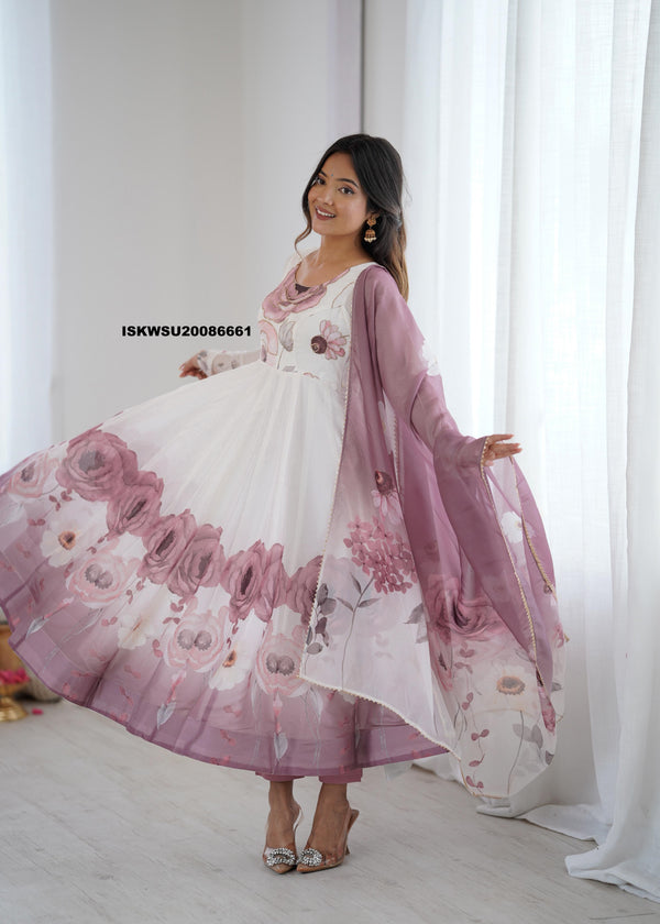 Floral Printed Organza Anarkali Kurti With Pant And Dupatta-ISKWSU20086661