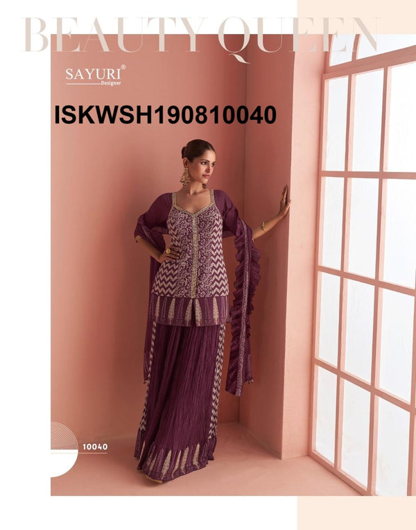 Embroidered Chinon Kurti With Sharara And Dupatta-ISKWSH190810040