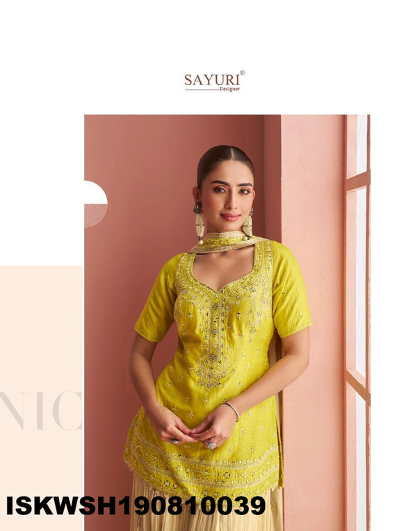 Embroidered Chinon Kurti With Sharara And Dupatta-ISKWSH190810039