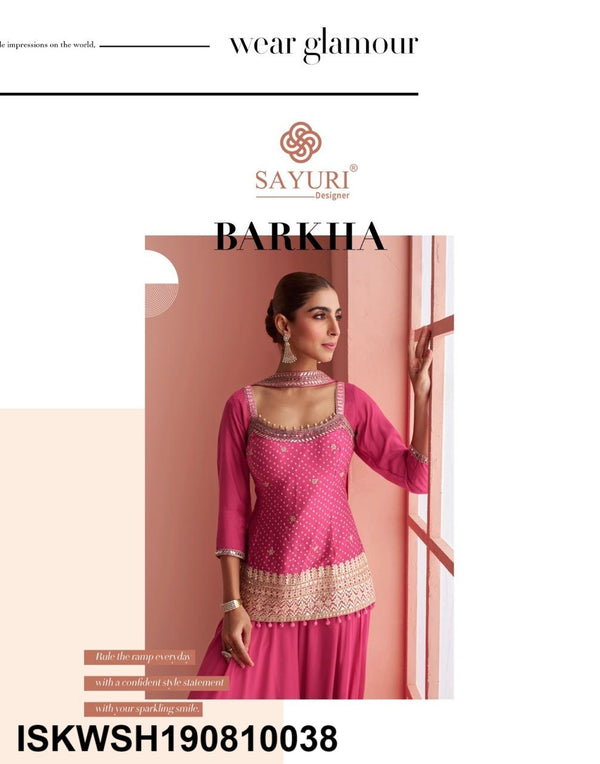 Embroidered Chinon Kurti With Sharara And Dupatta-ISKWSH190810038